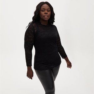 Torrid Sheer Lace Long Sleeve Top with Lettuce Scalloped Edges Black Size 1X